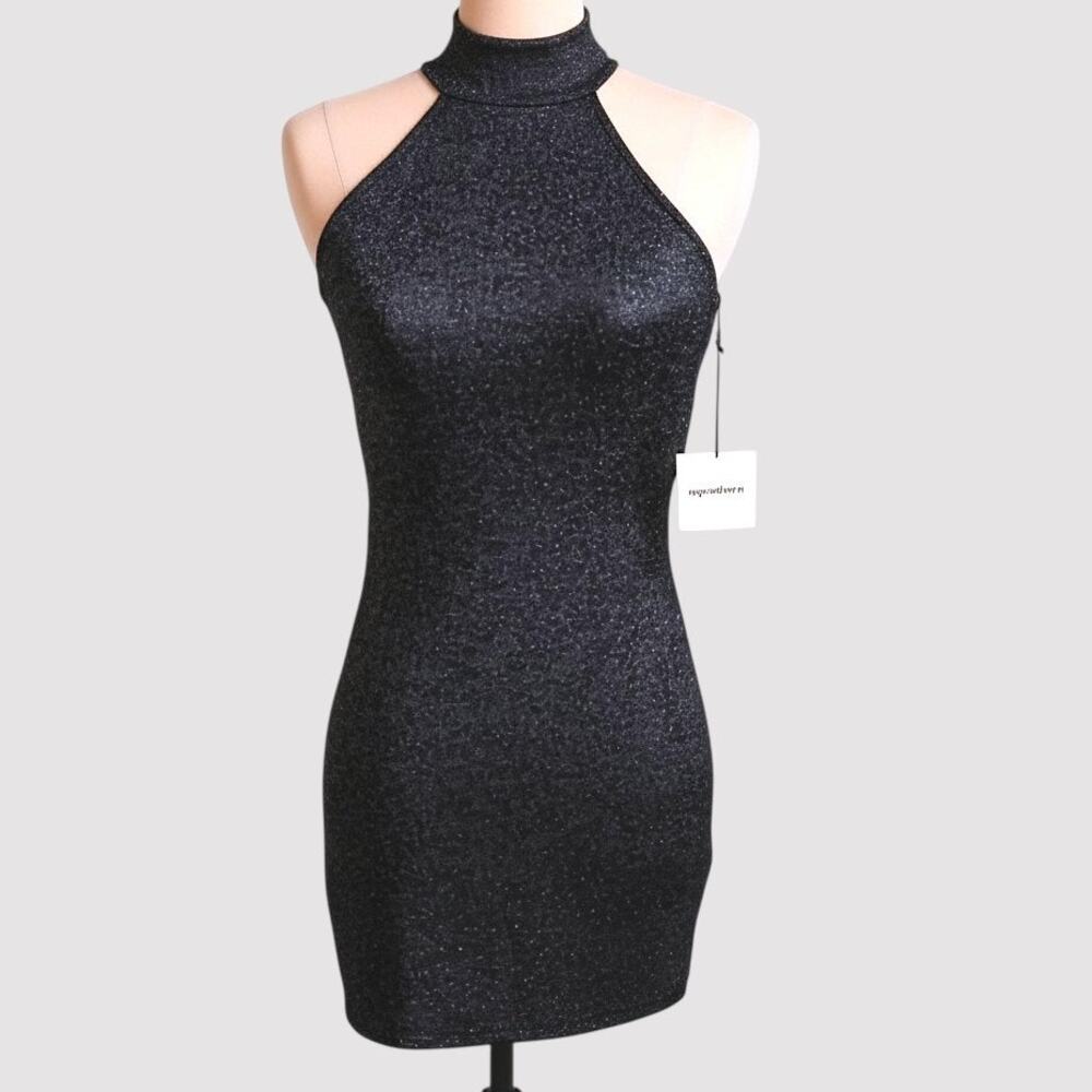 NWT Superdown Metallic Sparkle Navy Halter Mini Dress Women M | Party | Cocktail
